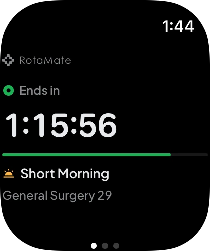 RotaMate on Apple Watch: a shift in progress with the time left, Short Morning at General Surgery 29