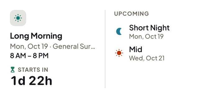 The medium RotaMate widget: the next shift with its countdown, and the three shifts after it under Up next