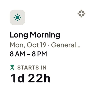 The small RotaMate widget: the next shift with a countdown of 2 hr 14 min